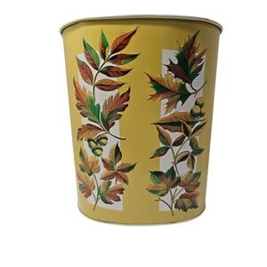 Chenco‎ Waste Basket Yellow Autumn Leaves Acorn Metal Trash Can Vintage Made USA